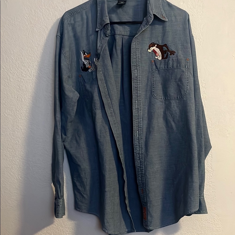 Embroidered Denim Shirt with Cartoon Characters
